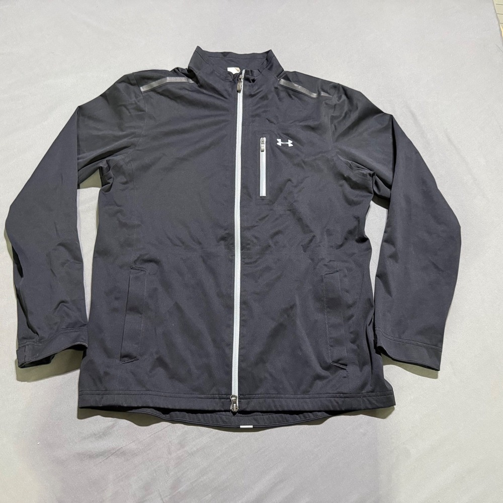 Under Armour Windbreaker Jacket mens Medium Black Full Zip Reflective Logo Loose